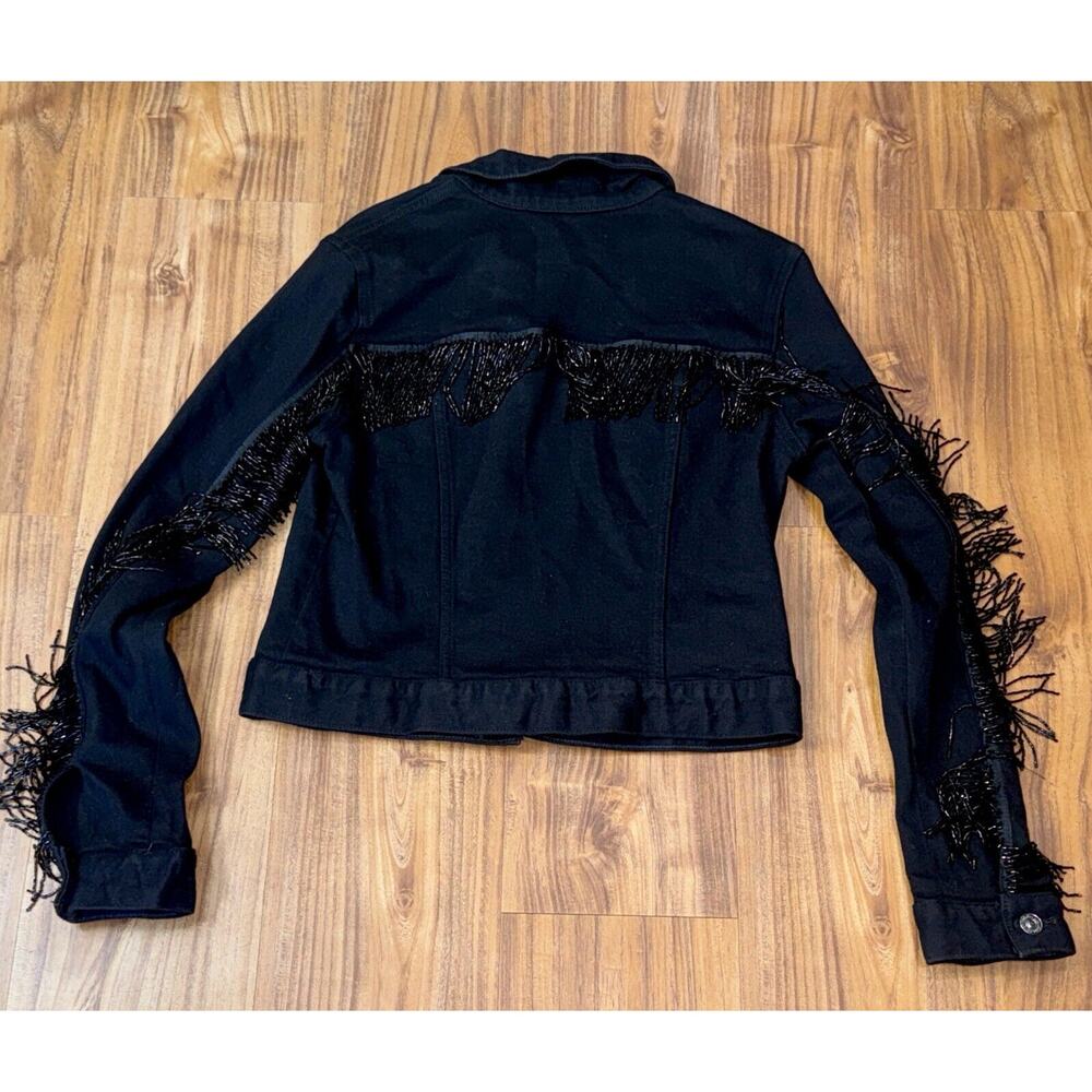 Seven 7 For All Mankind Black Denim Crop Jean Jacket Size M Fringed Arms NWT NEW - Picture 3 of 6